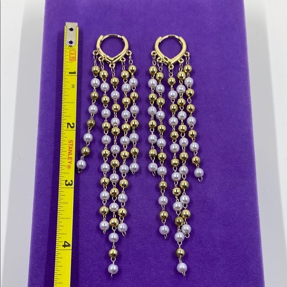 💛 Elegant Gold Plated Ball & Pearl Dangle Earrings - Picture 4 of 4